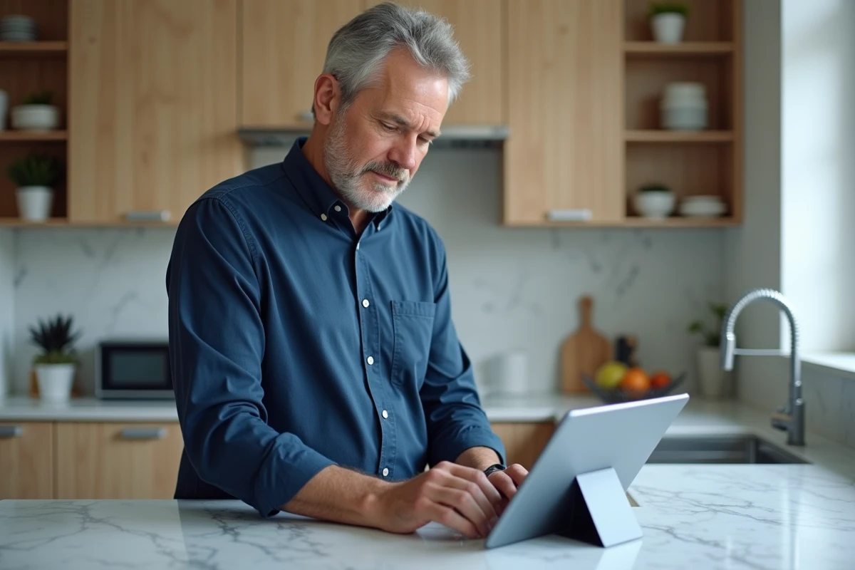 Homme gérant son compte en ligne sur une tablette dans une cuisine moderne
