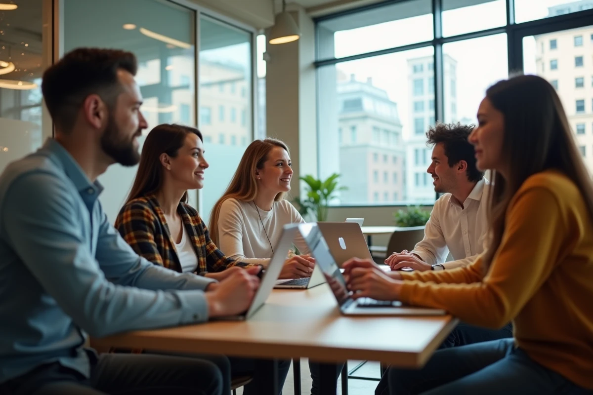 Groupe de jeunes adultes en coworking dans un café lumineux