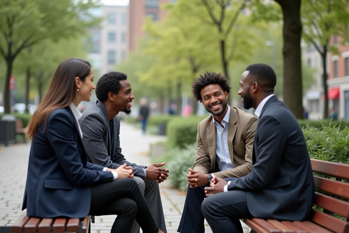 Groupe divers de professionnels discutant en plein air dans un parc