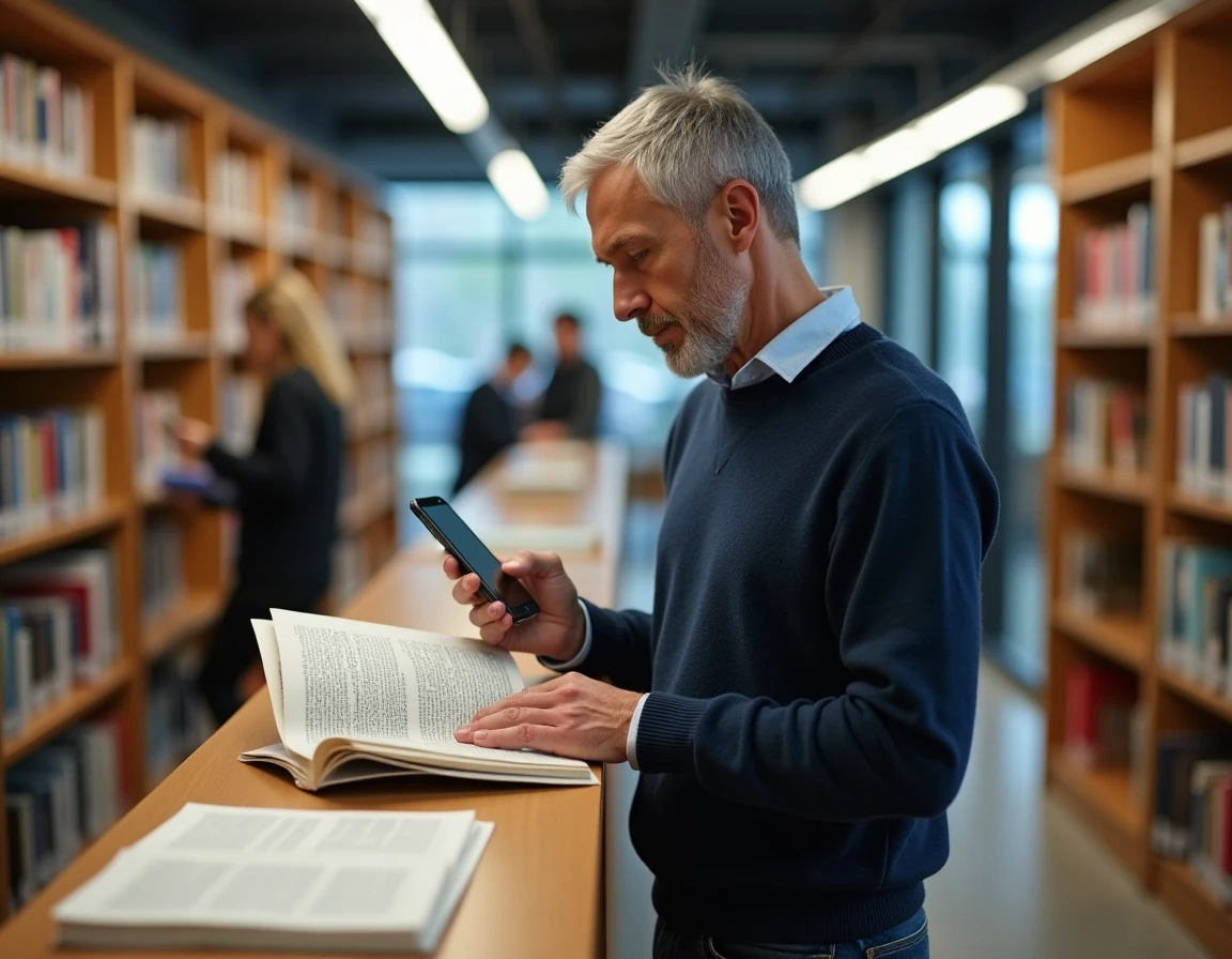 Homme comparant des sources d'information sur smartphone et magazine dans une bibliothèque publique moderne