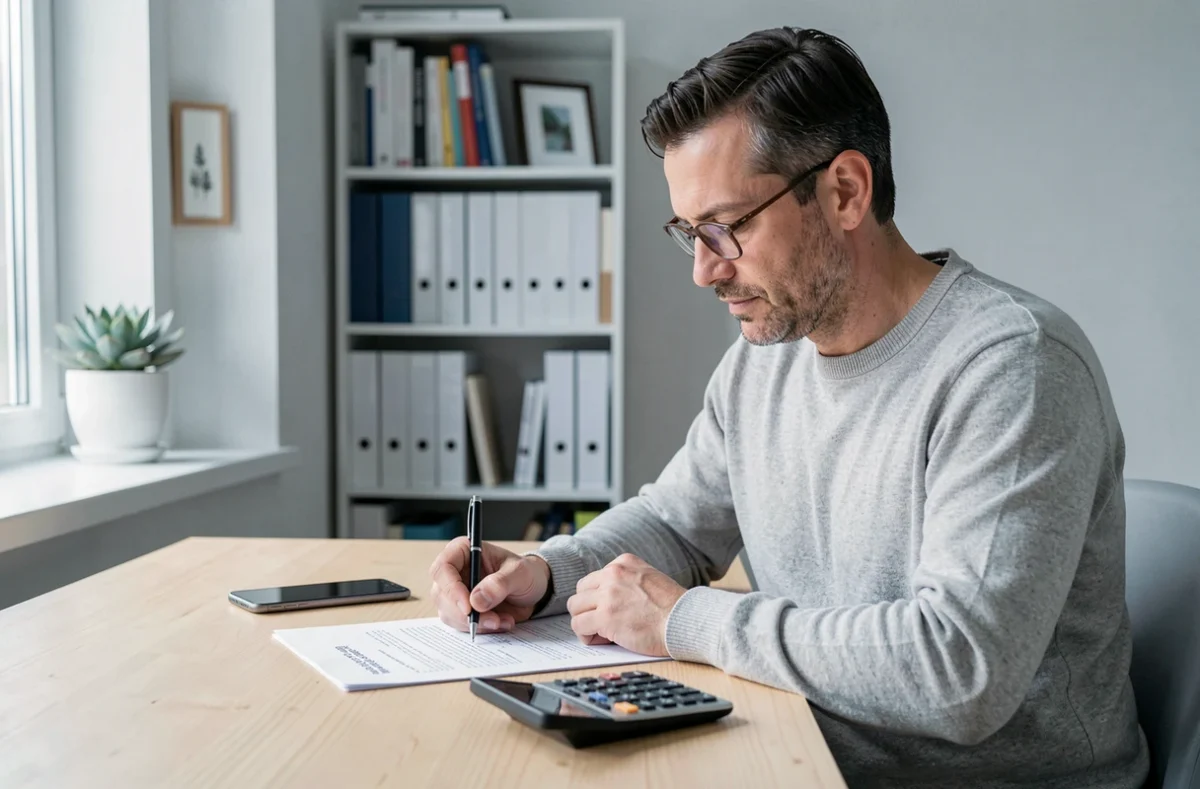 Homme remplissant une demande de crédit à son bureau avec calculatrice et téléphone