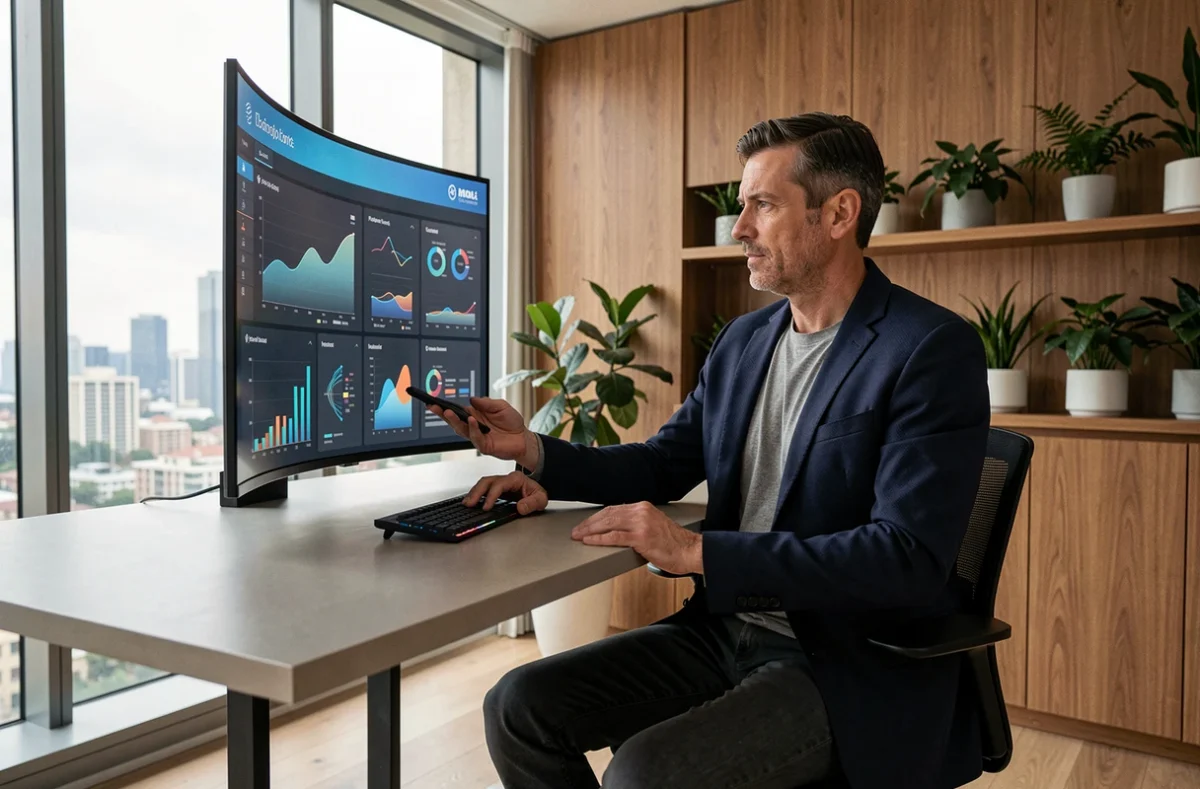 Homme d'affaires interagissant avec un écran tactile affichant des données d'intelligence artificielle dans un bureau moderne, tendances technologiques 2024