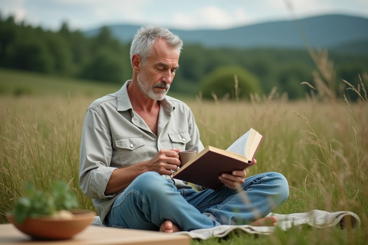 Homme lit un livre sur la santé intestinale en plein air