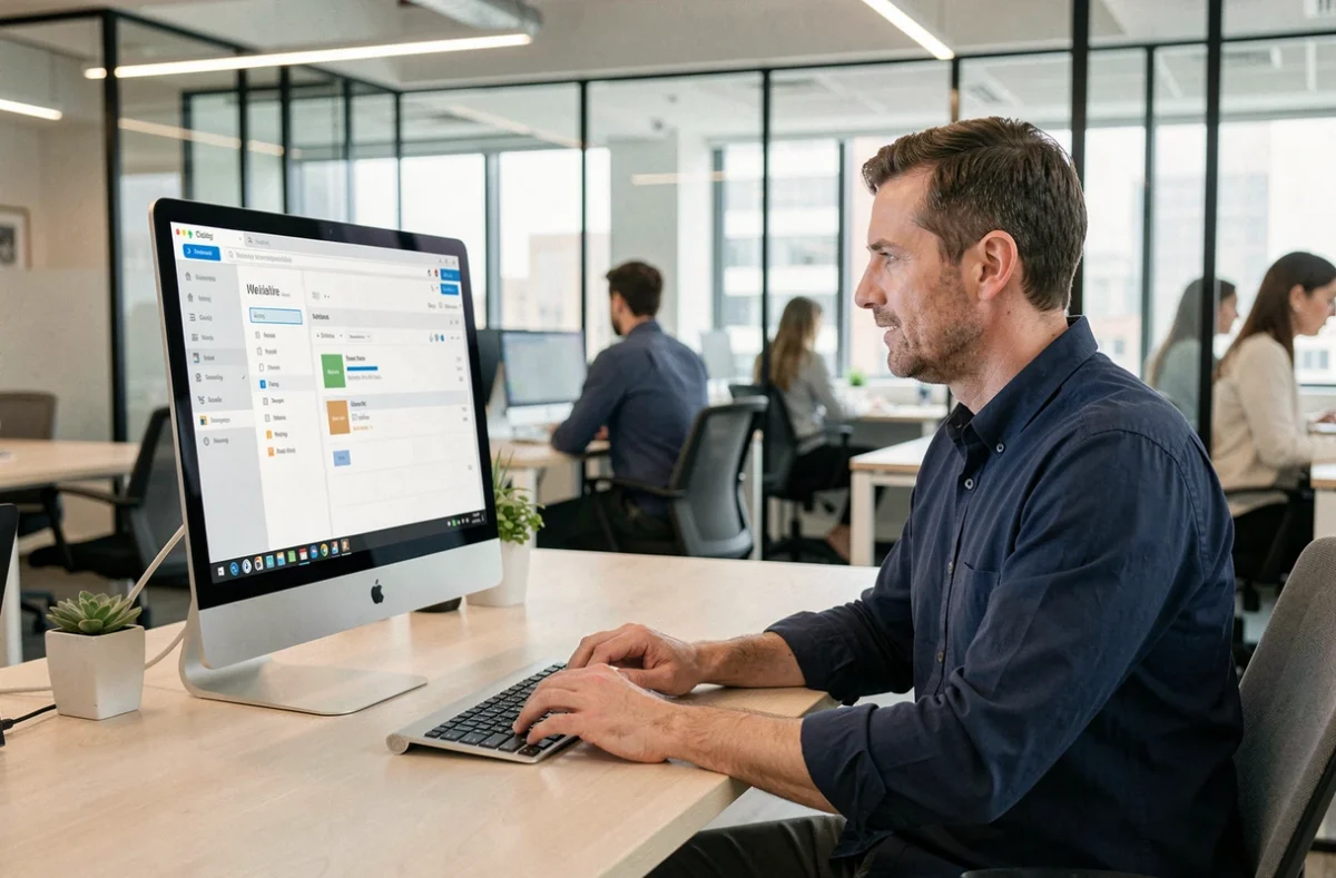 Homme consultant sa messagerie Alice Mail sur Zimbra dans un bureau professionnel moderne