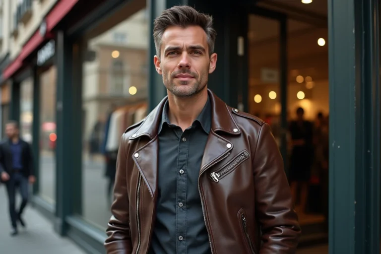 Homme en veste en cuir dans une rue urbaine