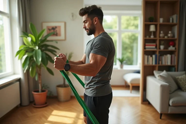 Homme musclé faisant des curls avec bande élastique dans salon lumineux