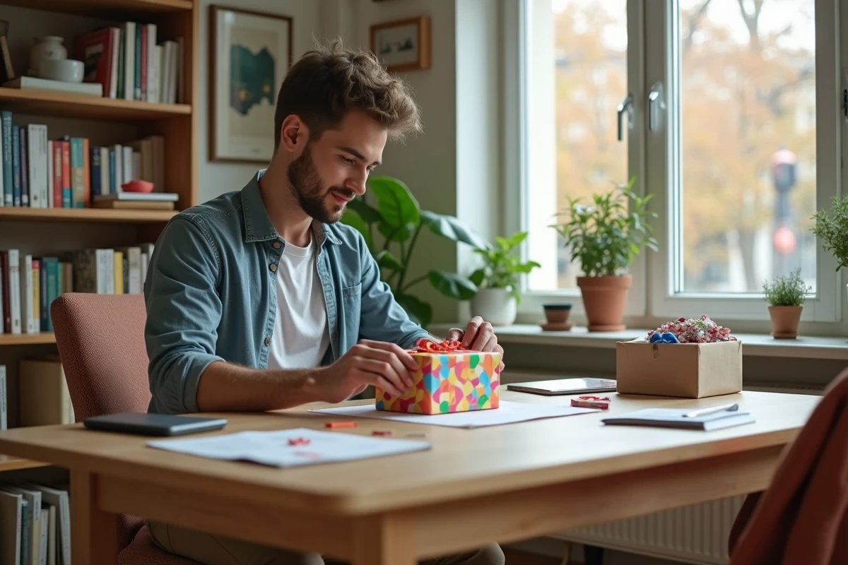 Homme emballant un cadeau coloré dans un bureau lumineux à la maison
