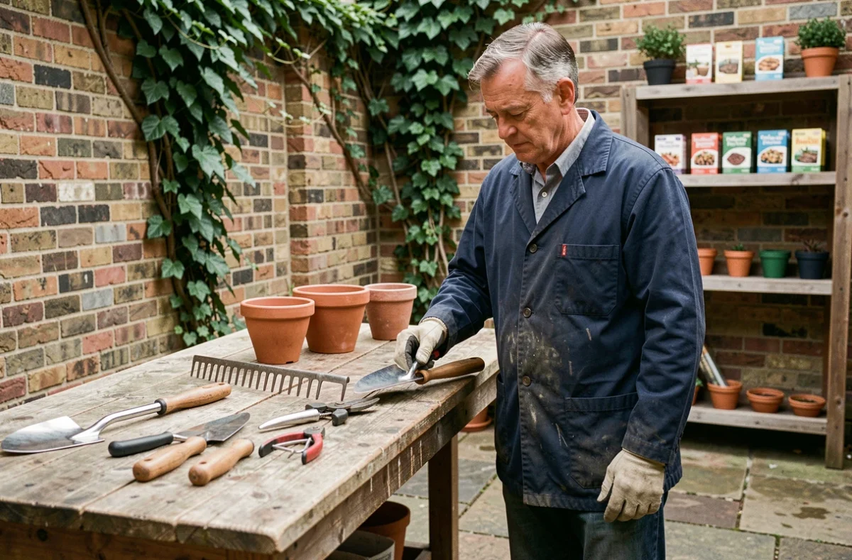 Homme évaluant des outils de jardinage sur un établi en bois dans une cour pavée décorée de plantes grimpantes