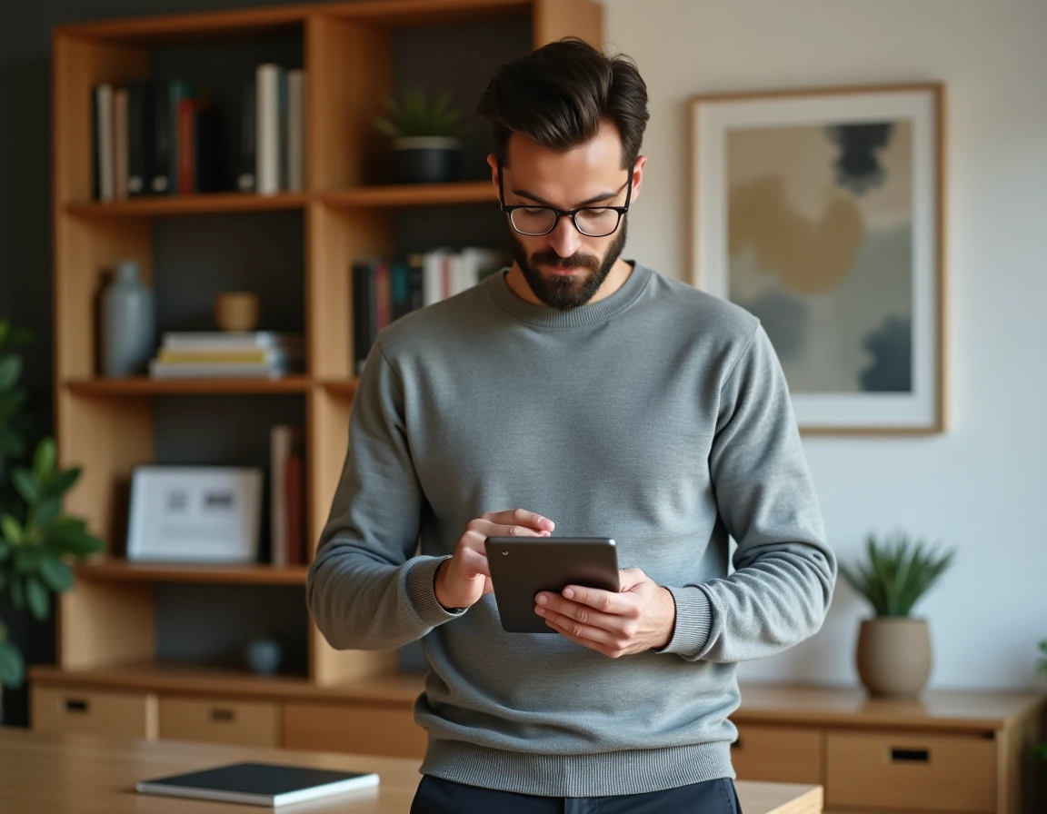 Homme consultant son portefeuille d'investissement sur une tablette depuis son bureau à domicile