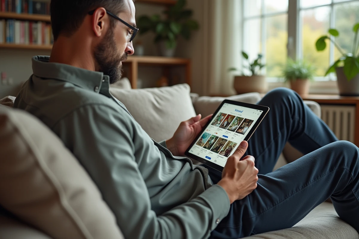 Homme avec tablette utilisant l appli Vinted