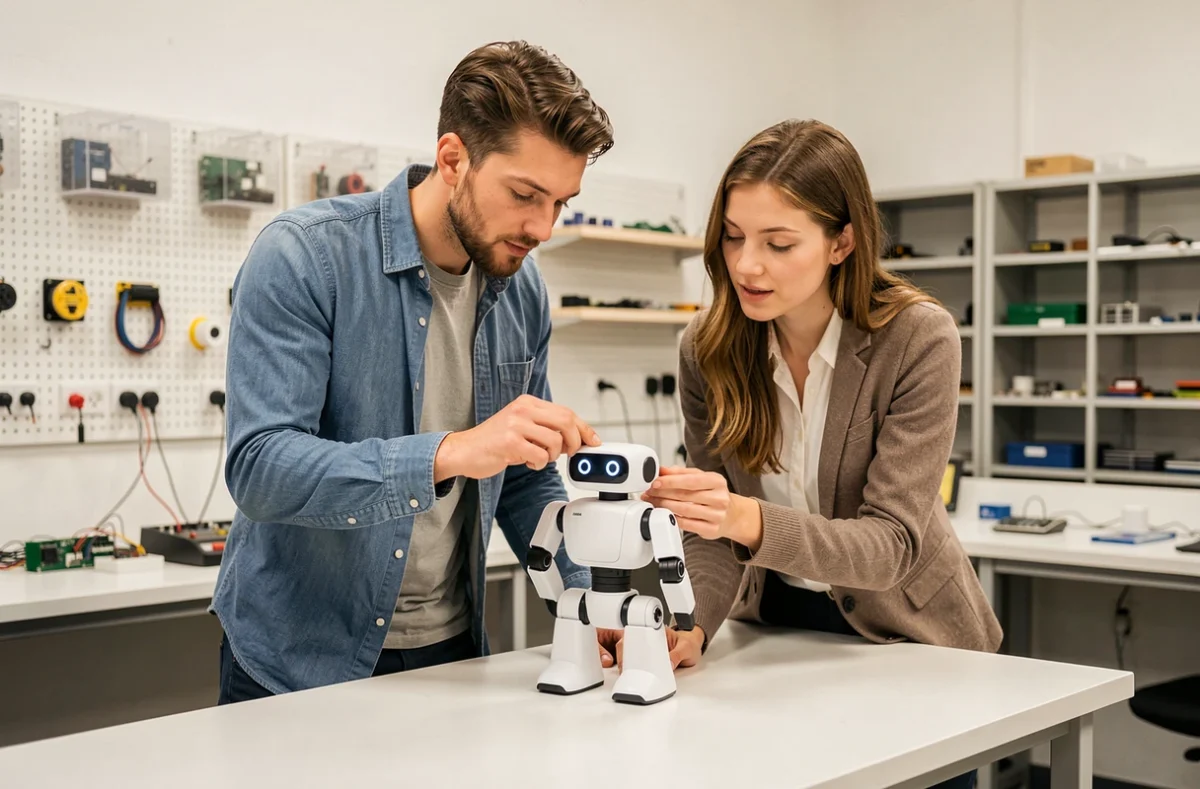 Deux ingénieurs examinant un prototype de robot humanoïde dans un laboratoire d'innovation, représentant les dernières avancées technologiques de 2024