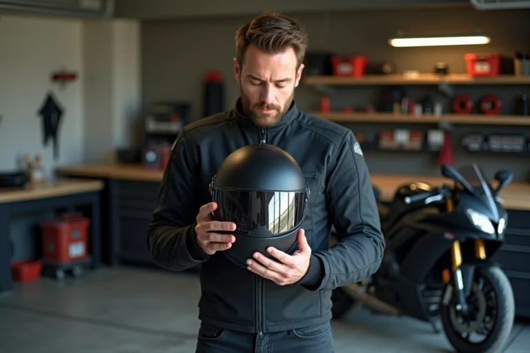 Motard inspectant attentivement un casque intégral moderne dans un garage privé bien équipé