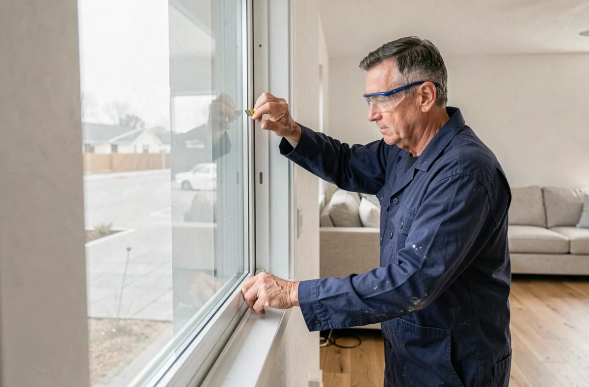 Installateur mesurant une fenêtre coulissante PVC sur mesure dans un salon moderne lors d'une rénovation résidentielle