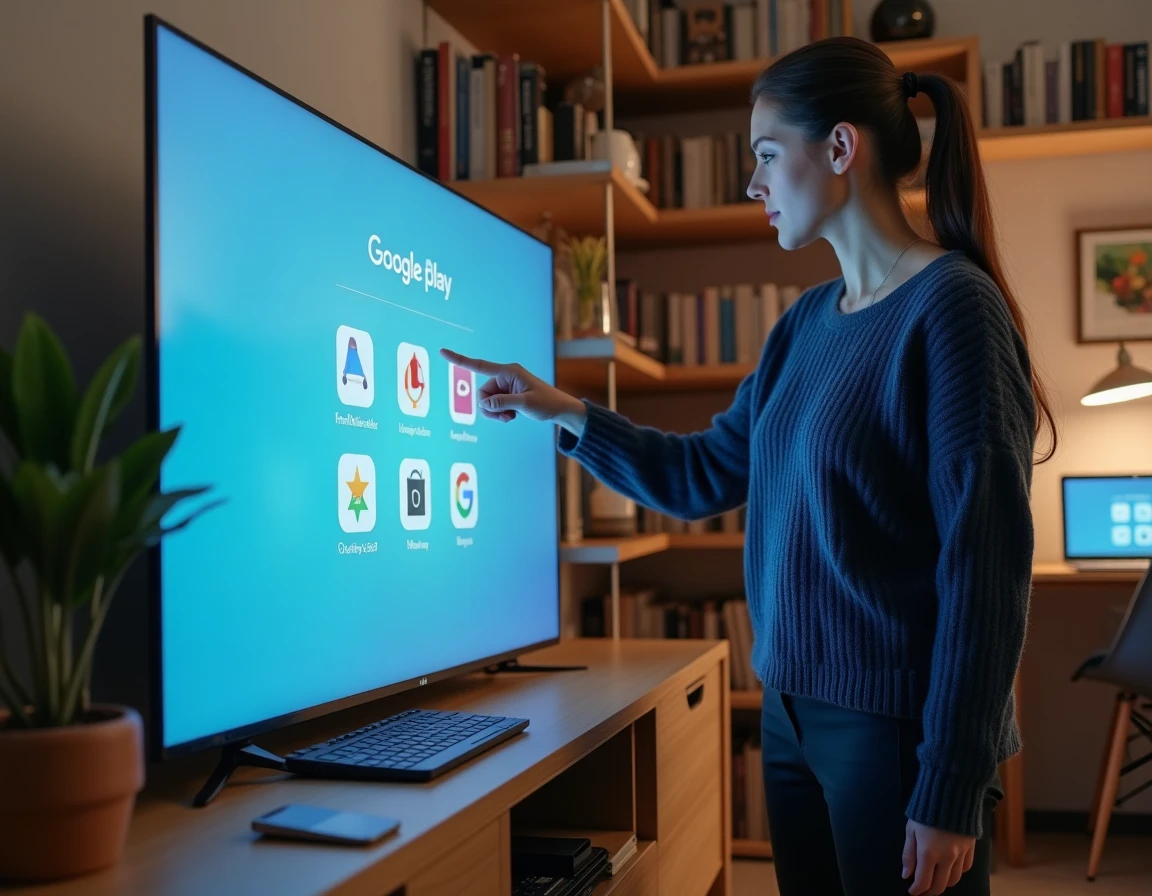 Femme pointant l'écran d'une Smart TV LG affichant les étapes d'installation du Google Play Store dans un bureau à domicile