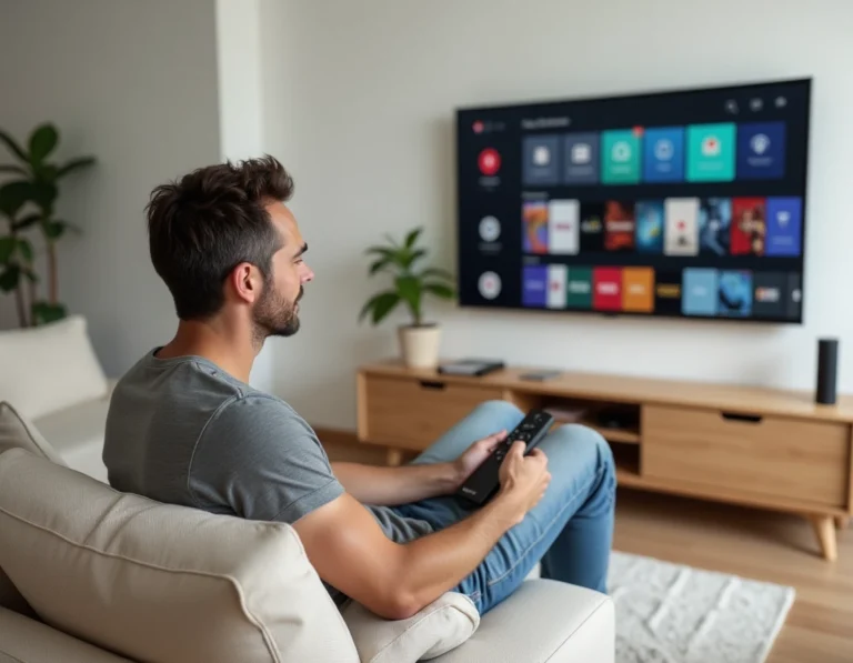 Homme utilisant une télécommande LG pour accéder au Google Play Store sur une Smart TV dans un salon moderne