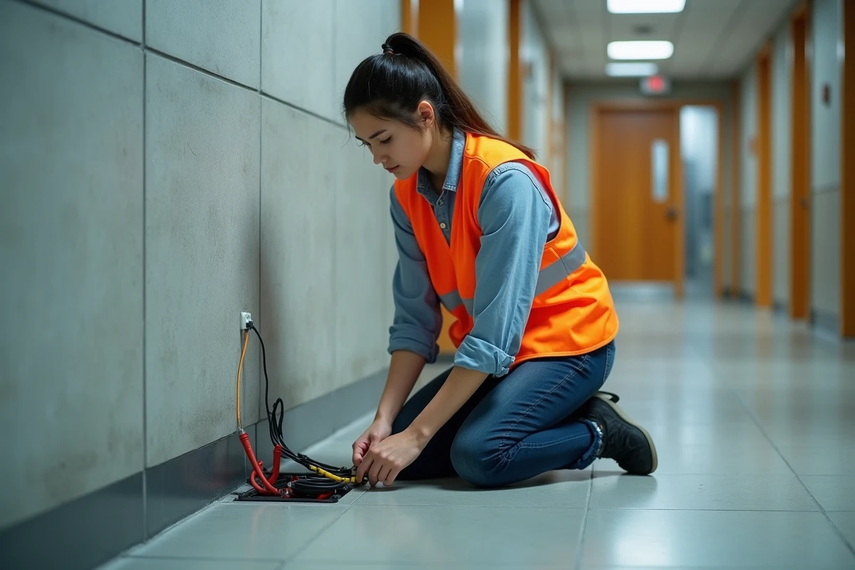 Jeune femme connecte des câbles dans une boîte de jonction au sol