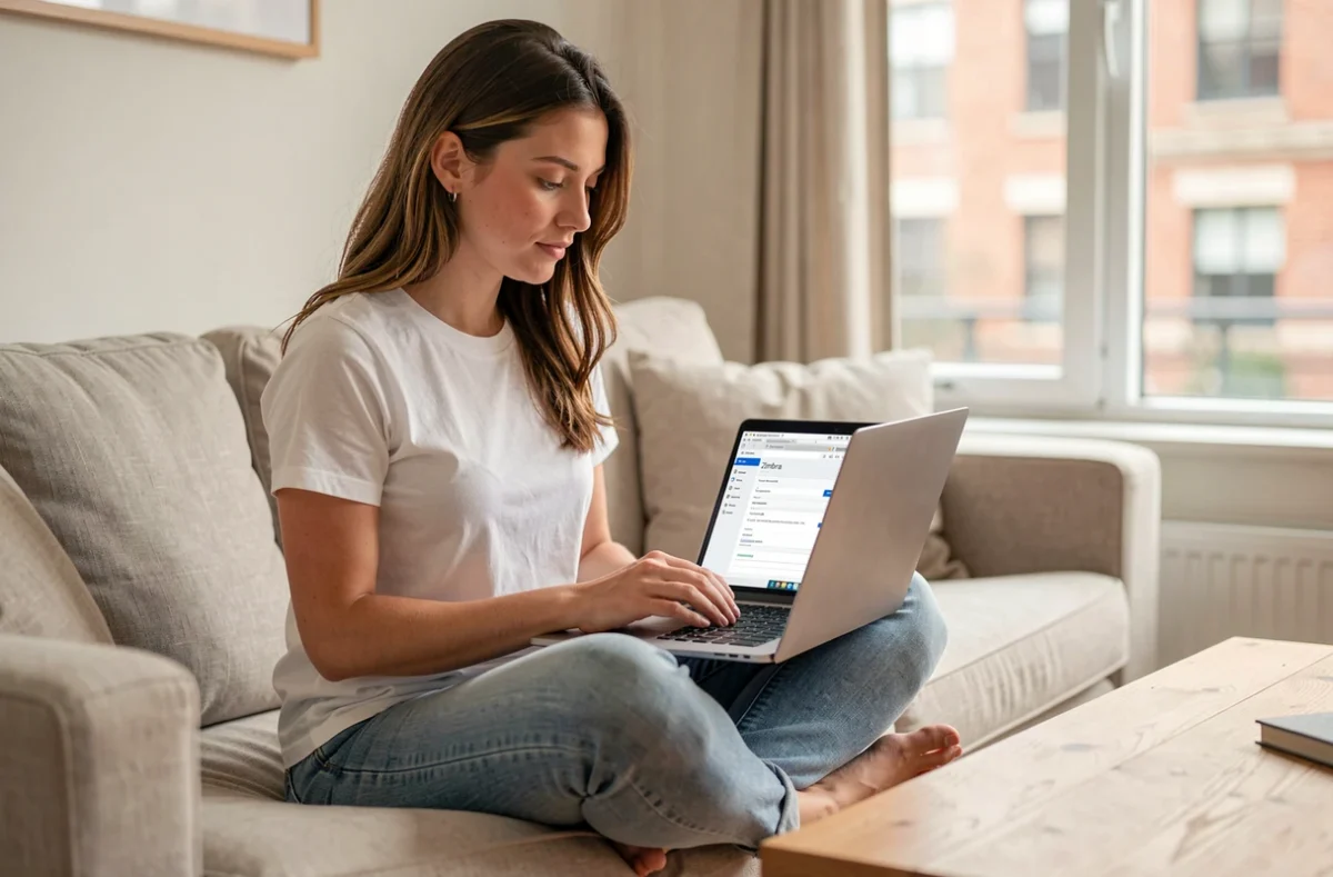 Jeune femme configurant son compte Alice Mail sur Zimbra Webmail depuis son canapé