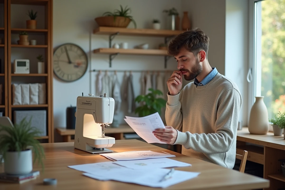 Jeune homme comparant des manuels de couture dans un studio organisé