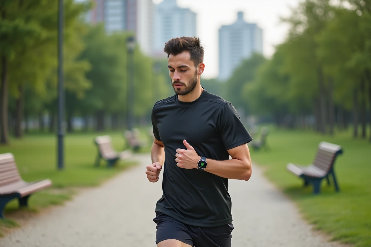 Jeune homme courant dans un parc avec une montre connectée