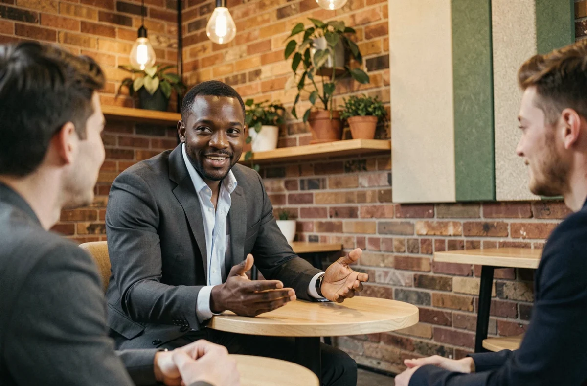 Manager masculin en séance de mentorat avec ses collaborateurs dans un espace de coworking contemporain