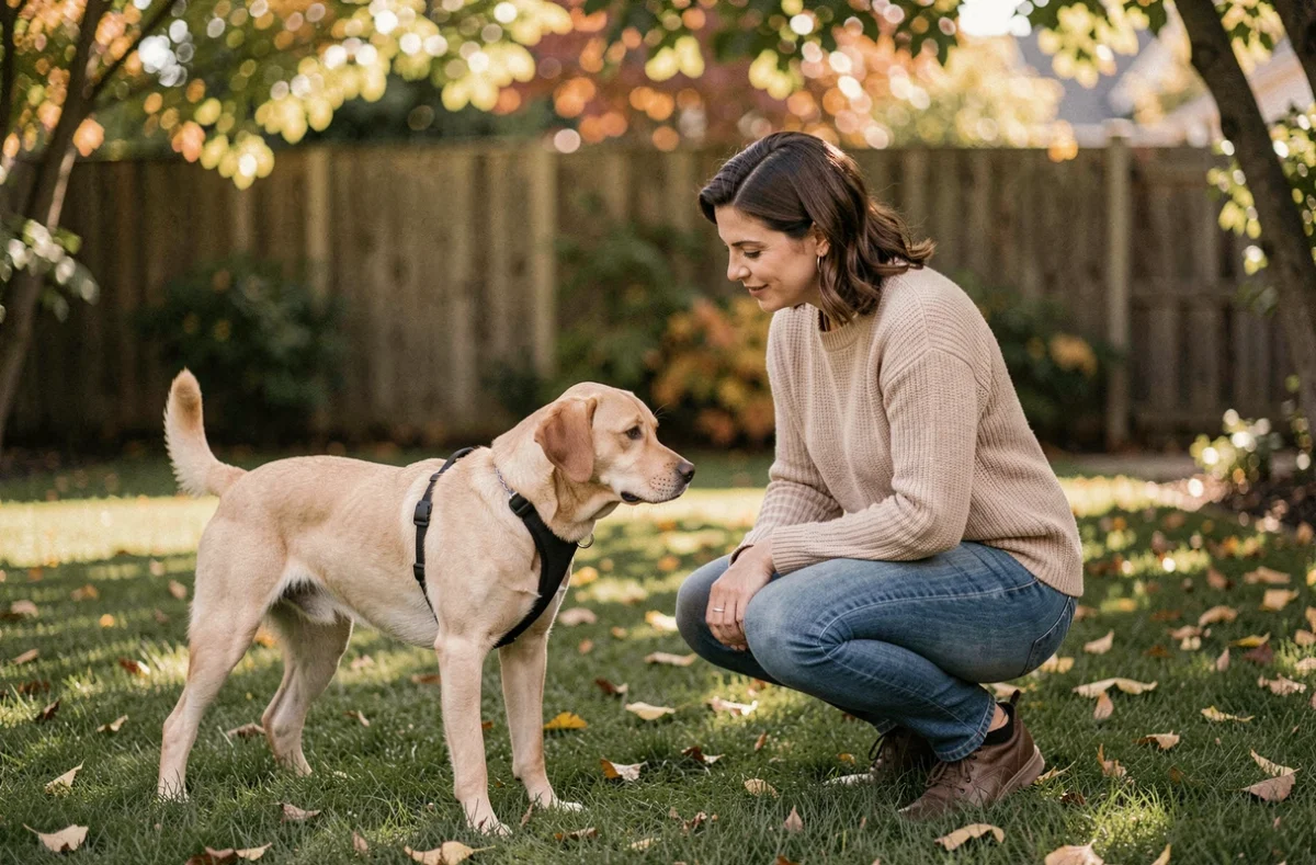 Propriétaire accompagnant son chien en promenade douce de récupération après une ablation de la rate dans un jardin calme