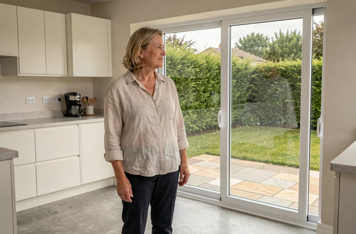 Femme debout près d'une grande fenêtre coulissante PVC sur mesure dans une cuisine contemporaine ouverte sur jardin