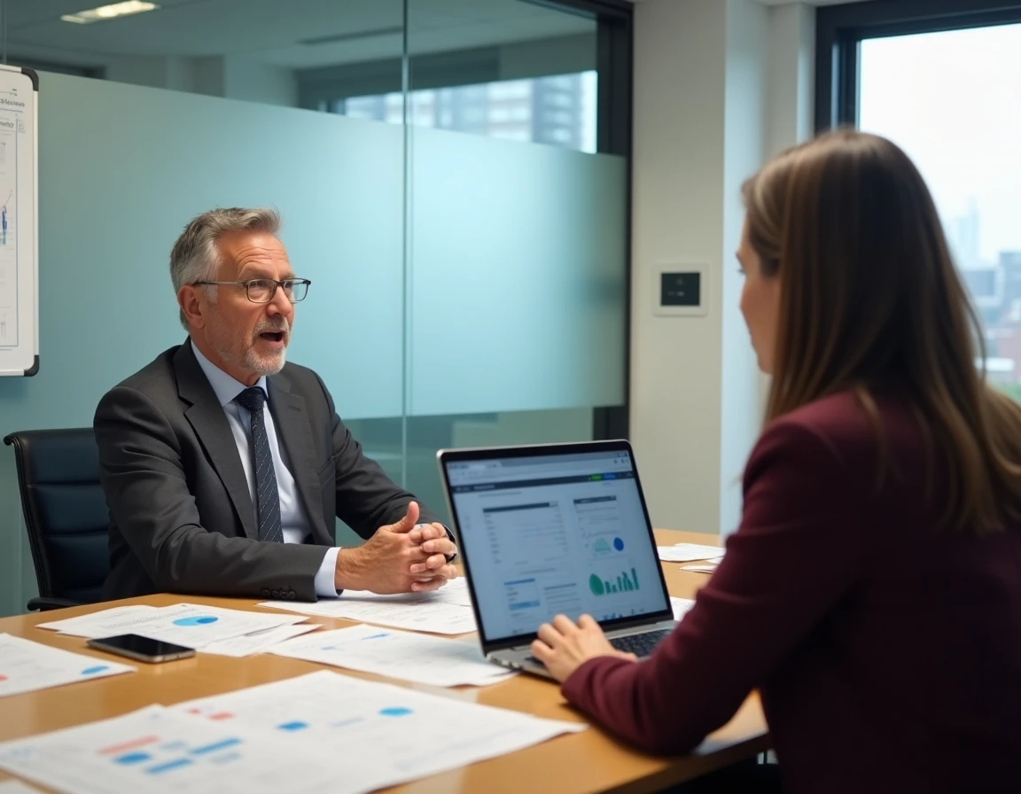 Deux professionnels discutant de nouvelles stratégies d'investissement autour d'une table de réunion avec des rapports financiers