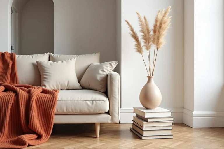 Salon scandinave avec canapé en lin, vase en céramique et herbe de pampa séchée sur une table en travertin, tendances déco 2024