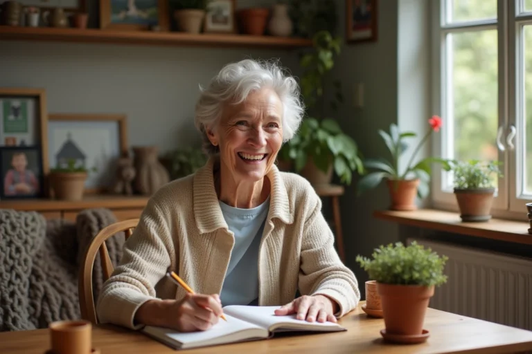 Femme senior souriante en intérieur en train de journaliser