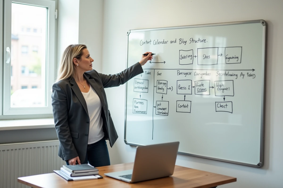 Femme planifiant la stratégie de contenu d'un blog professionnel sur un tableau blanc avec un calendrier éditorial et une structure de site