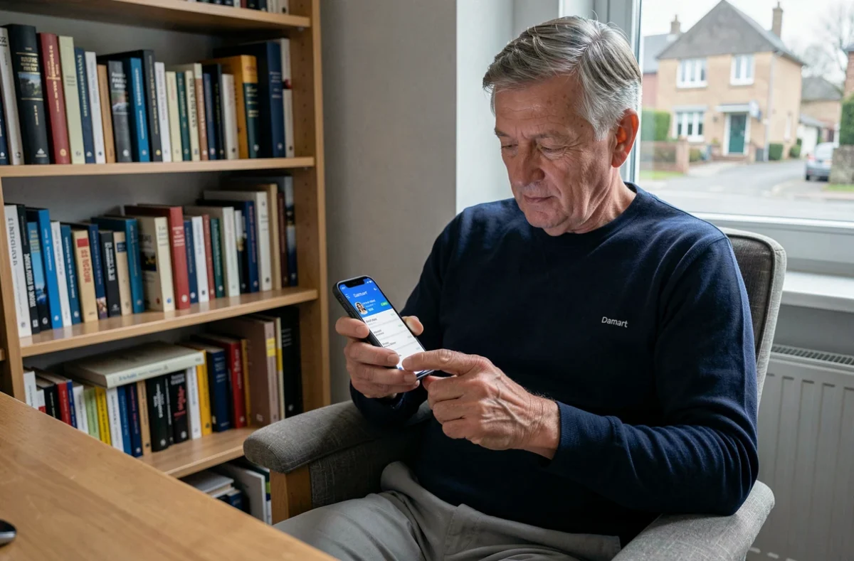 Homme senior vérifiant le suivi de sa commande Damart sur smartphone dans un bureau à domicile