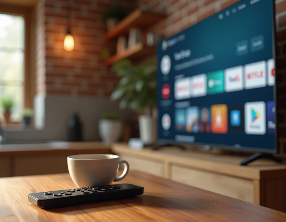 Télécommande LG Magic Remote posée sur une table en bois avec une Smart TV affichant le Google Play Store en arrière-plan