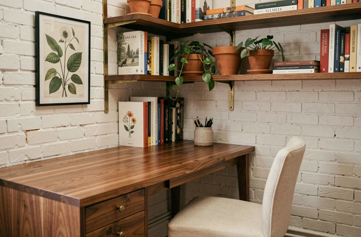 Coin bureau tendance déco avec bureau en noyer massif, étagères ouvertes et plantes en pot dans un appartement urbain aux murs en brique apparente