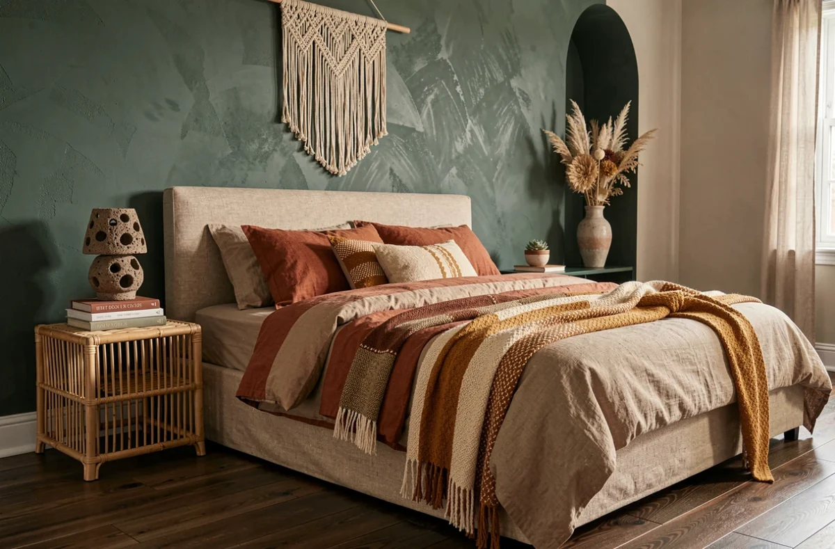 Chambre tendance déco aux tons terreux avec mur en badigeon vert forêt, tête de lit en lin et accessoires en rotin et poterie artisanale