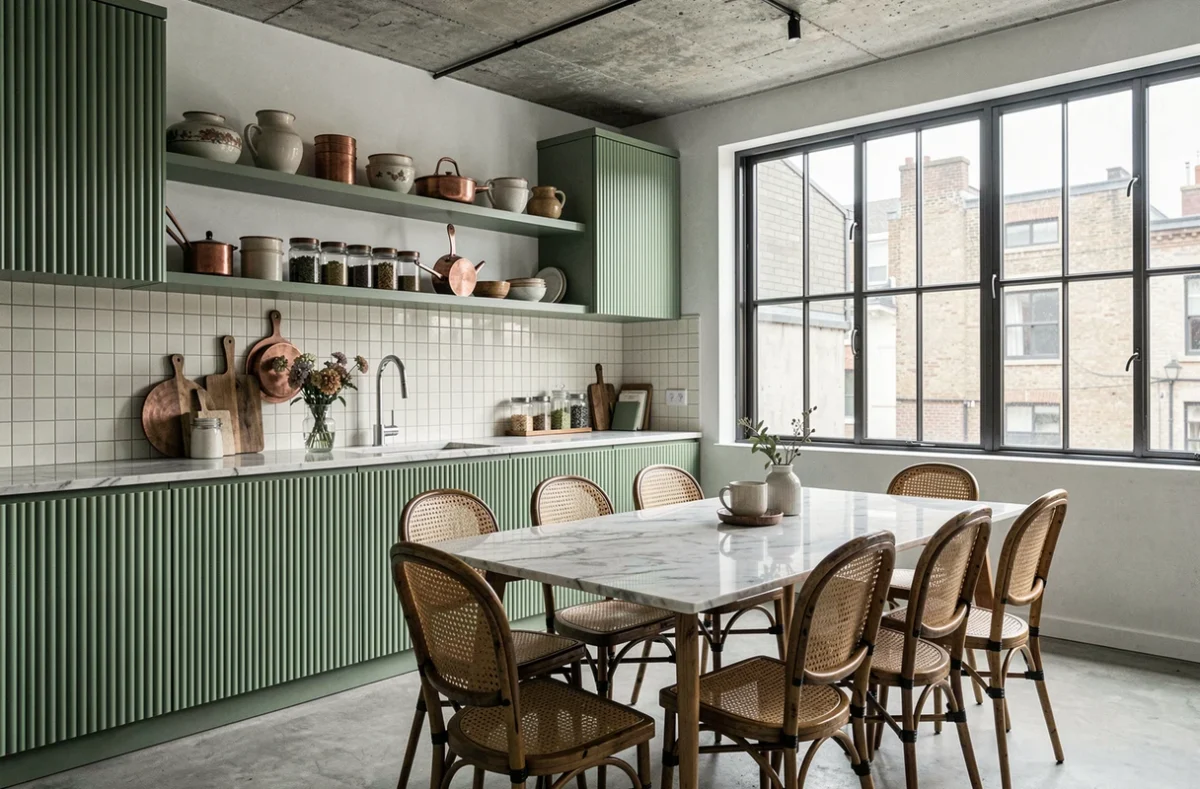 Cuisine salle à manger tendance déco avec meubles cannelés vert sauge, carreaux zellige et table en marbre Calacatta dans un loft urbain