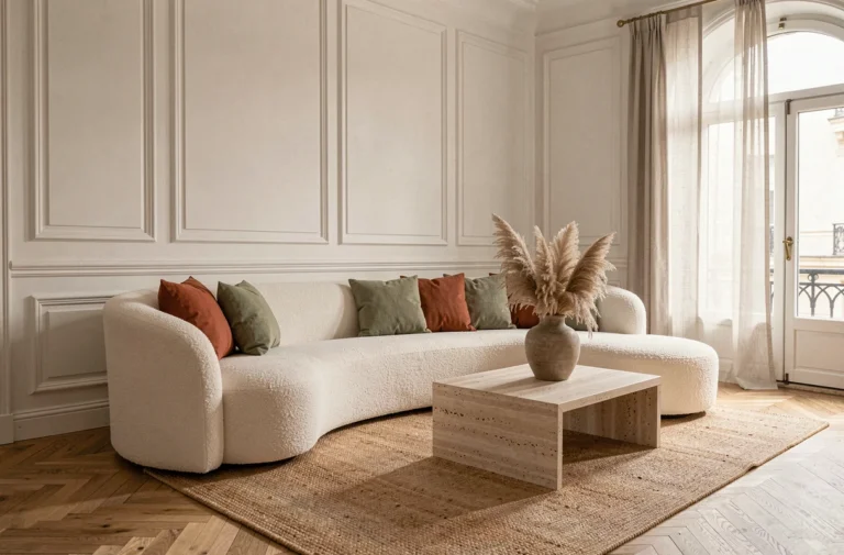 Salon moderne aux tendances déco 2024 avec canapé bouclé ivoire, table en travertin et accessoires en céramique dans un appartement haussmannien