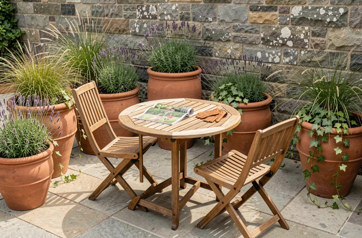 Terrasse extérieure décorée avec des jardinières en céramique, des plantes aromatiques et un mobilier de jardin en teck