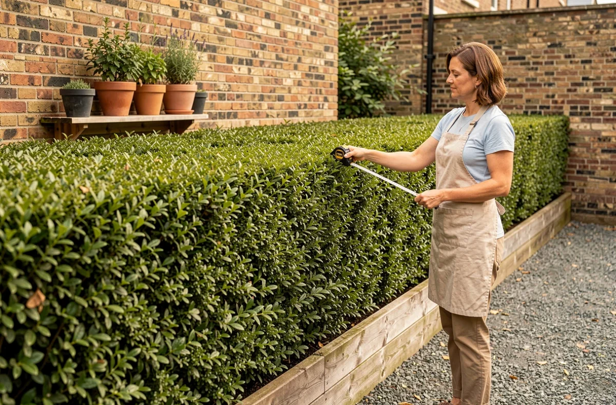 Femme mesurant la hauteur d'une haie de troène parfaitement taillée dans un jardin urbain avec des murs en briques