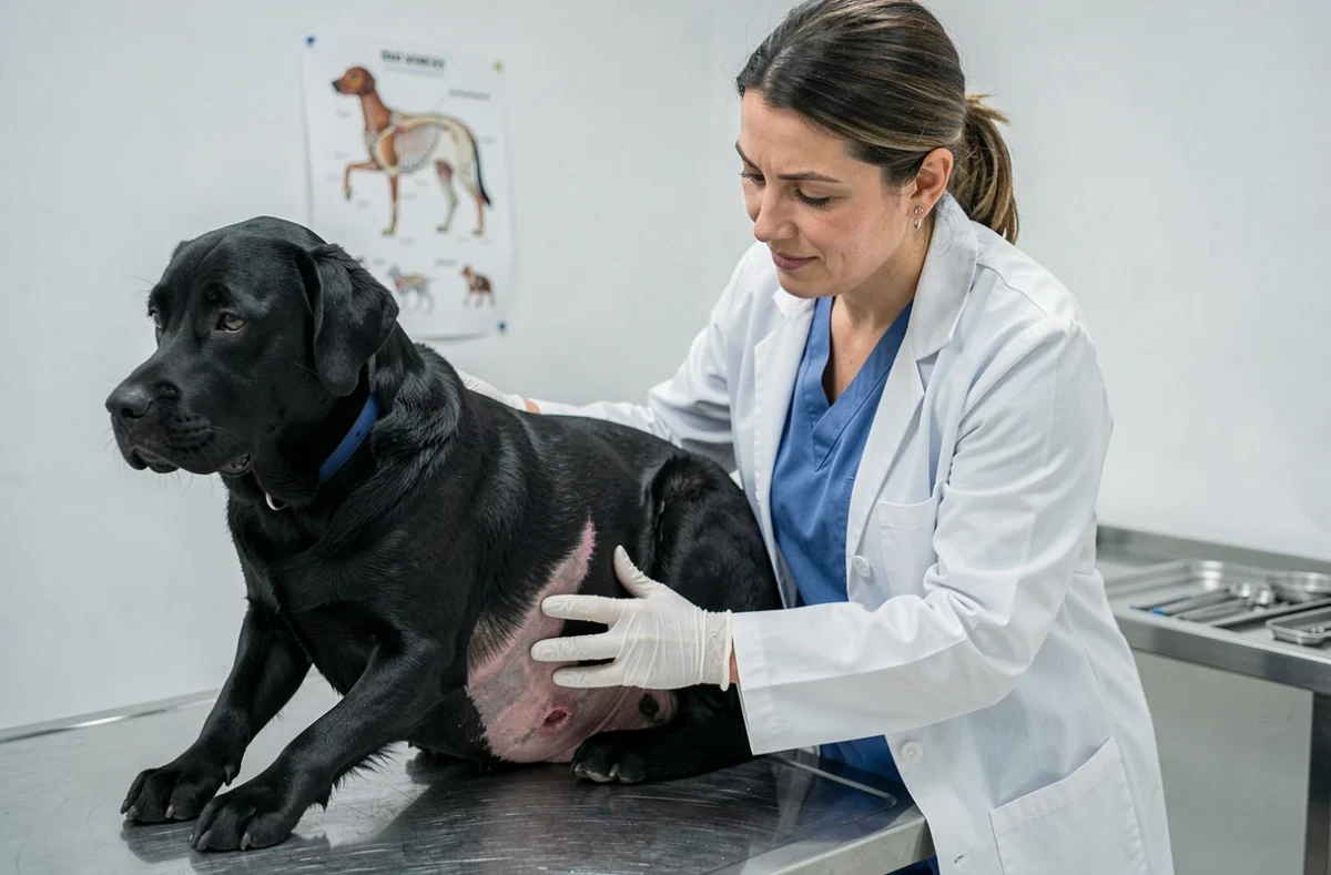 Vétérinaire examinant un labrador noir en post-opératoire après une splénectomie dans une clinique vétérinaire moderne